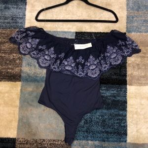 Francesca’s Navy Off-Shoulder Bodysuit with Lace